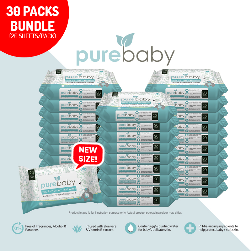 Pure Baby 99% Pure Water Travel Wet Wipes Bundle of 10 (3x20sx10pk)